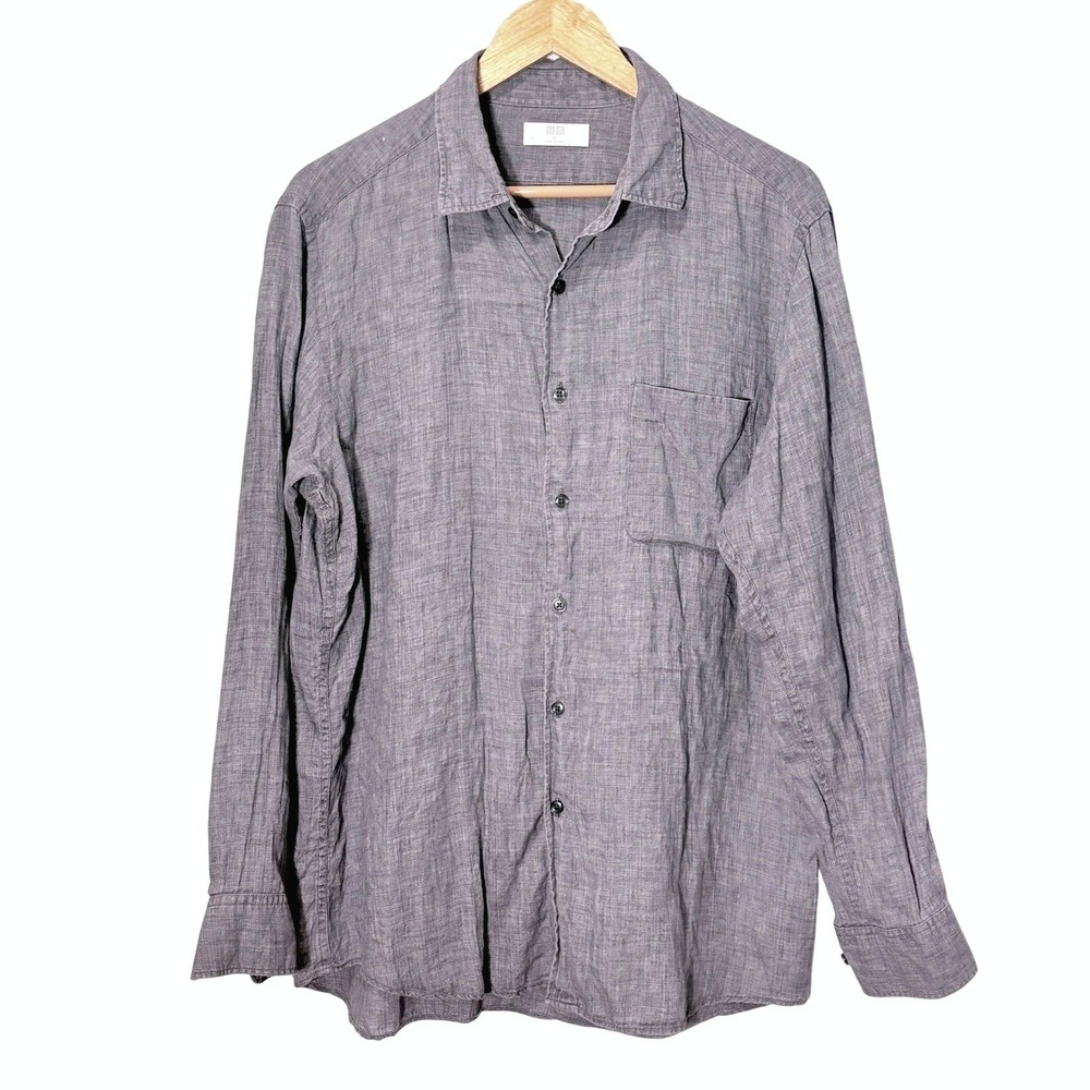 Uniqlo‎ Mens Linen Button Down Shirt XL Gray Pocket Long Sleeve Preppy Coastal